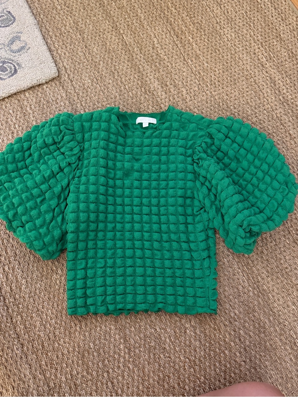 Textured Puff-Sleeve Sweater Top - Green